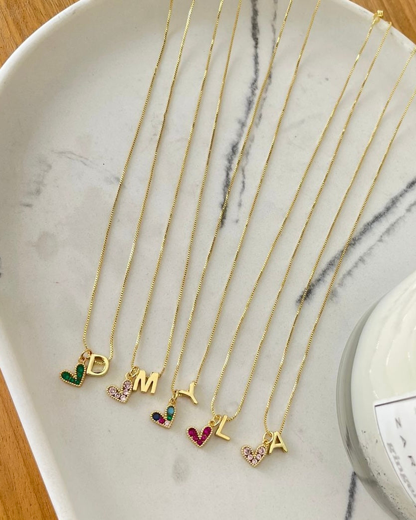 Initial Necklace with Hearts